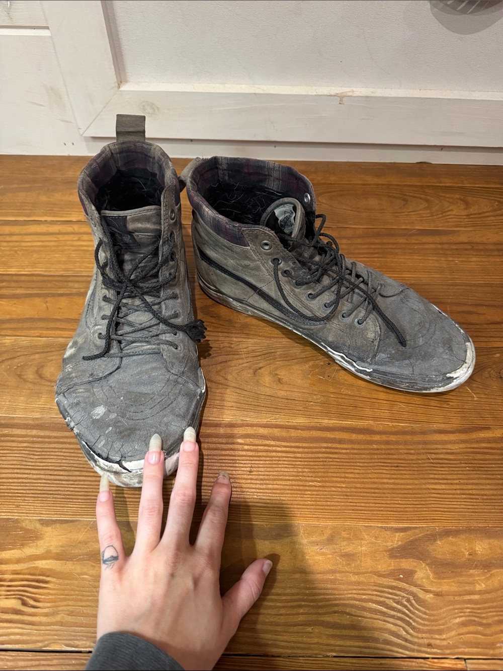 well loved beaten up wide high top vans